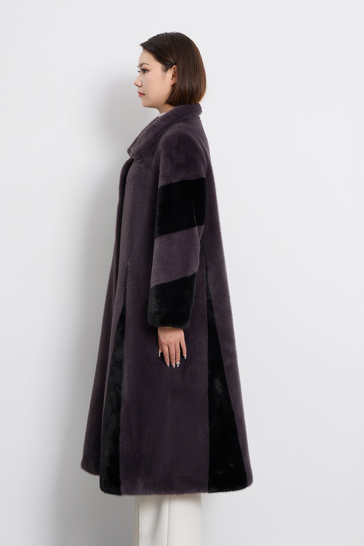 Women's Fur Long Coat Exclusive Design - Grey/Black