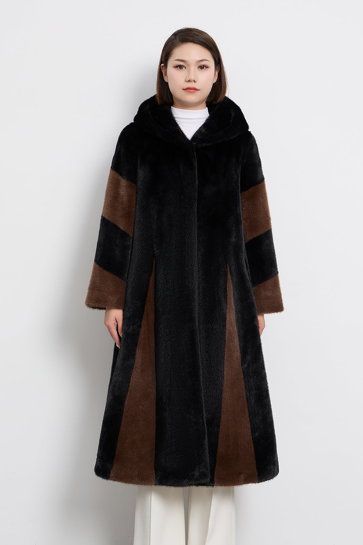 Women's Hooded Fur Long Coat Exclusive Design - Black/Brown