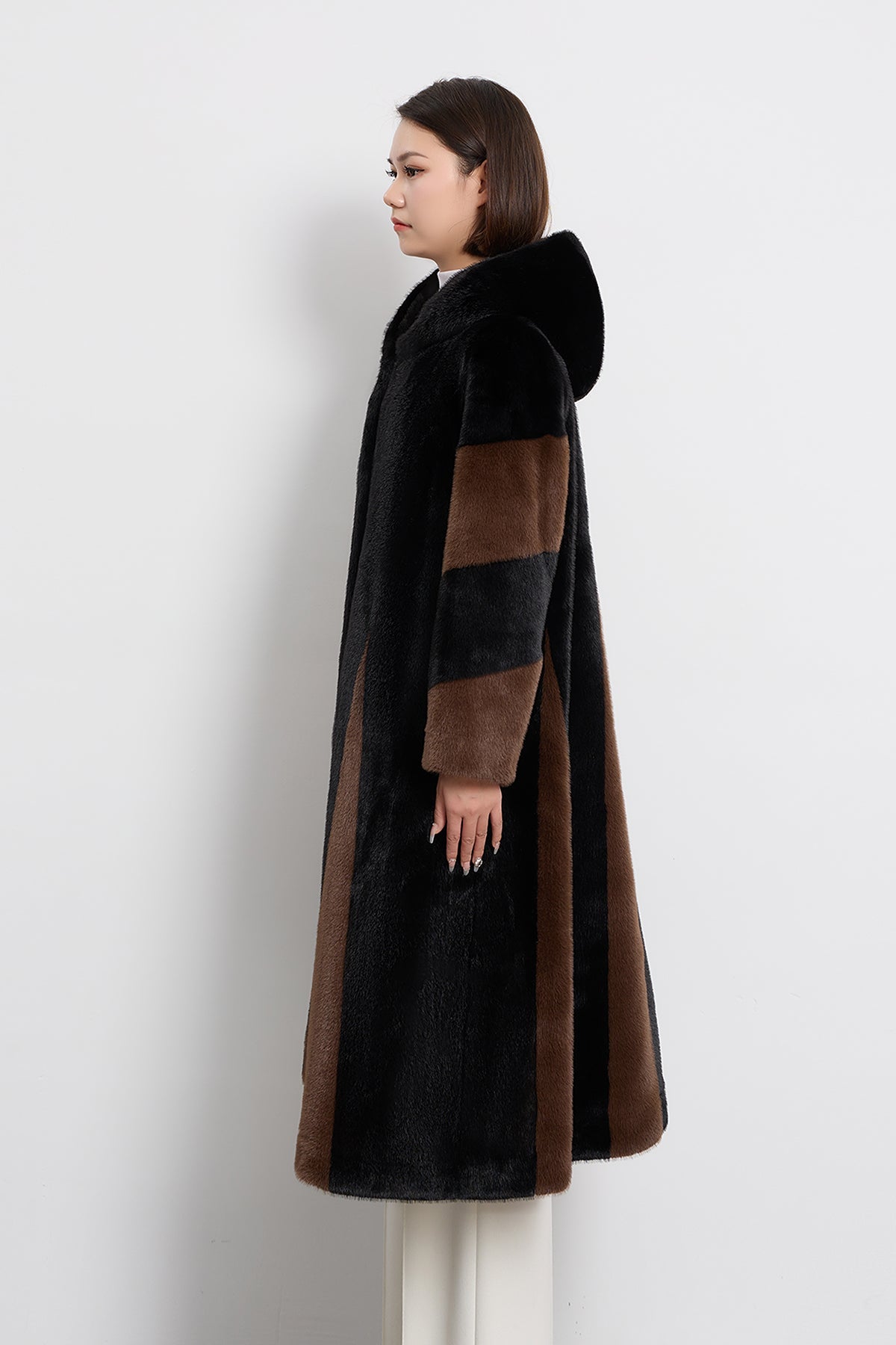 Women's Hooded Fur Long Coat Exclusive Design - Black/Brown