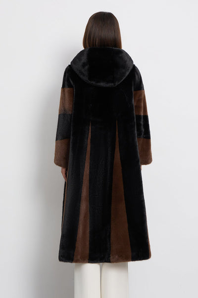 Women's Hooded Fur Long Coat Exclusive Design - Black/Brown