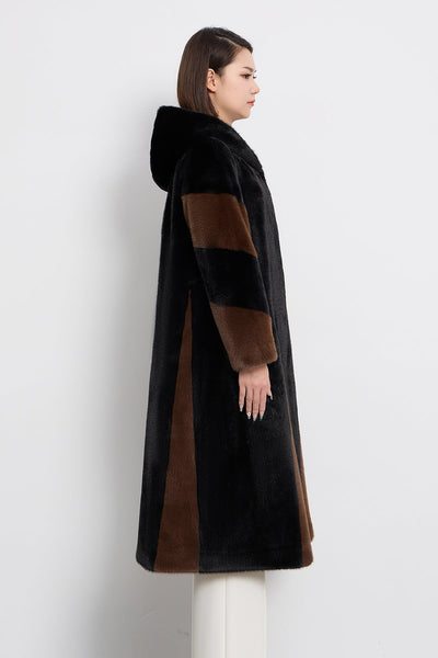 Women's Hooded Fur Long Coat Exclusive Design - Black/Brown