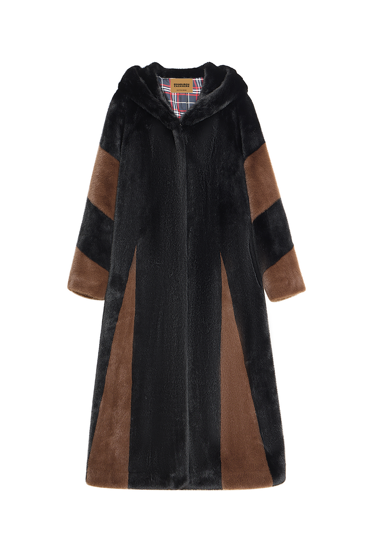 Women's Hooded Fur Long Coat Exclusive Design - Black/Brown