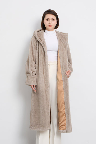 Women's Hooded Fur Long Coat Exclusive Design - Grey