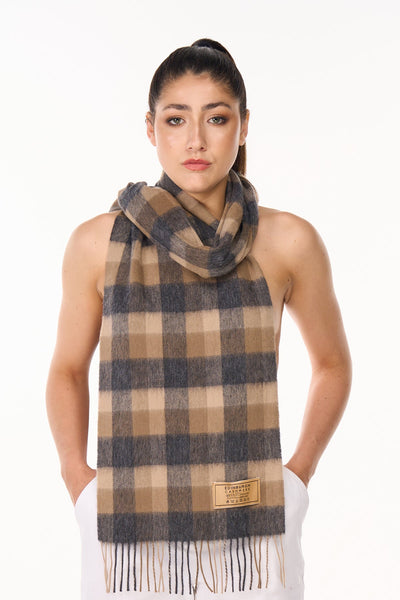 100% Pure Cashmere Scarf Design Brown Check - Big Size