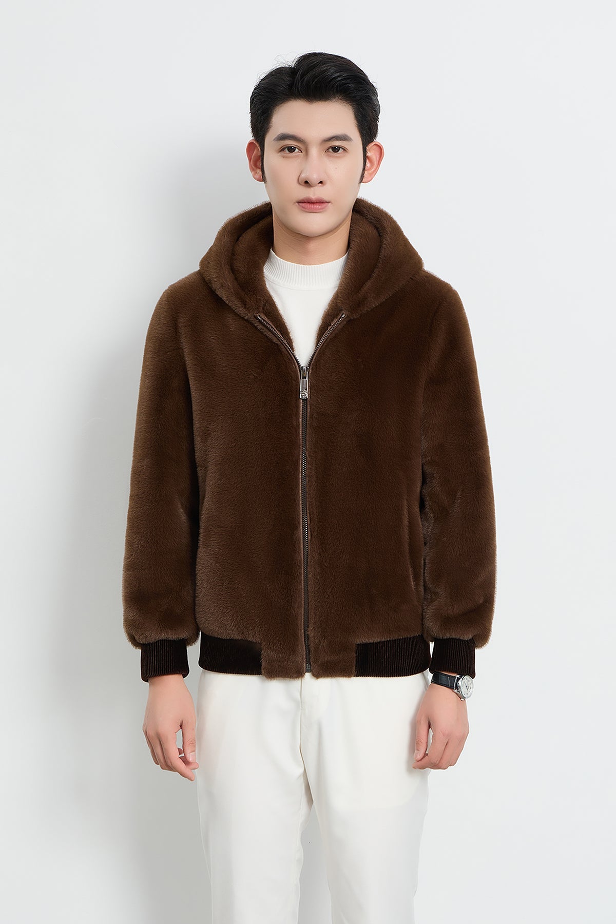 Men's Hooded Fur Jacket Exclusive Design - Brown