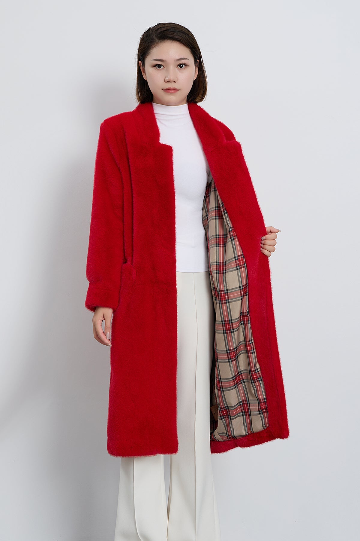 Women's Fur Long Coat Exclusive Design - Red