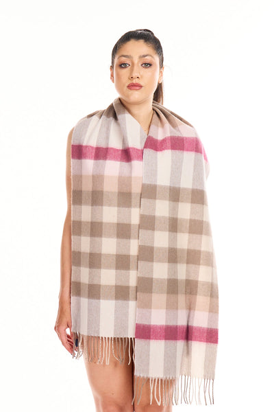 100% Pure Cashmere Pink Check Scarf - Big Size