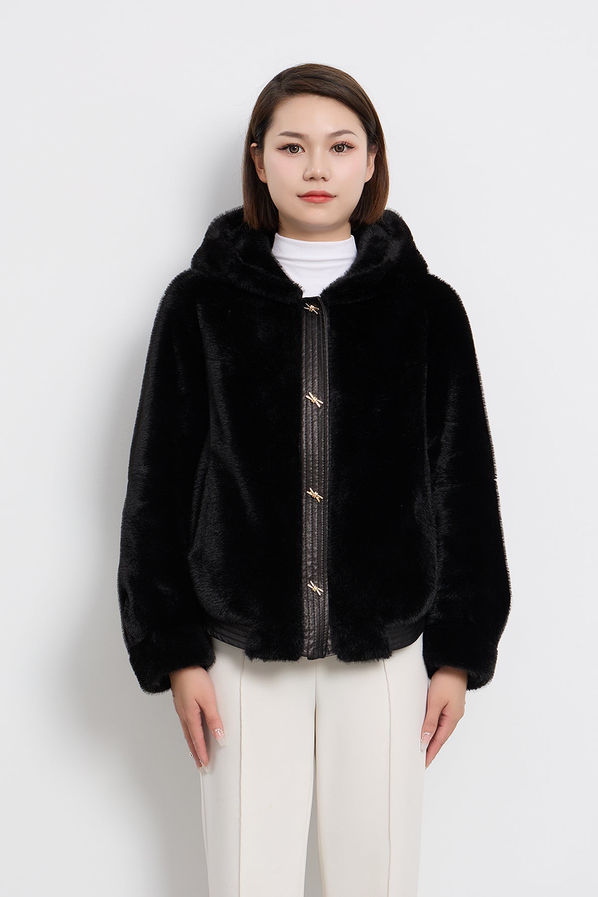 Women's Hooded Fur Jacket Exclusive Design - Black