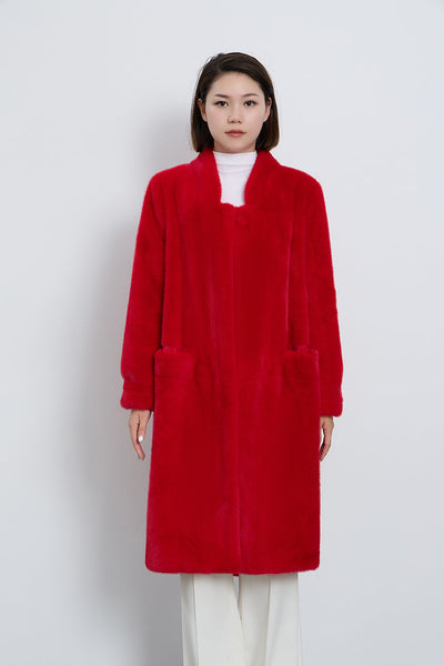 Women's Fur Long Coat Exclusive Design - Red