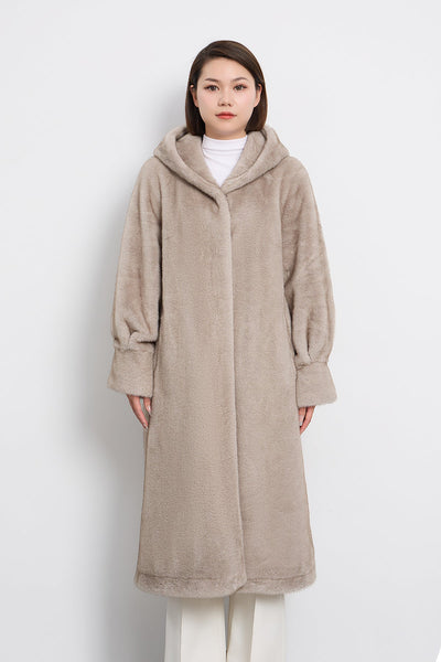 Women's Hooded Fur Long Coat Exclusive Design - Grey