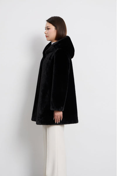 Women's Hooded Fur Short Coat Exclusive Design - Black