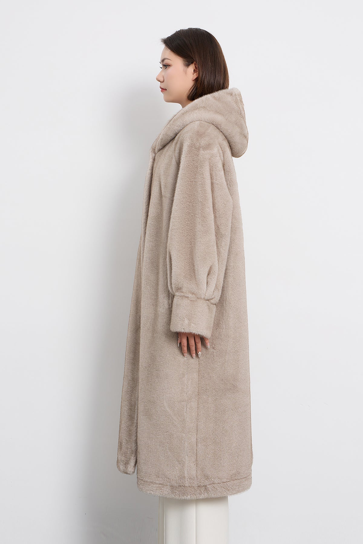 Women's Hooded Fur Long Coat Exclusive Design - Grey