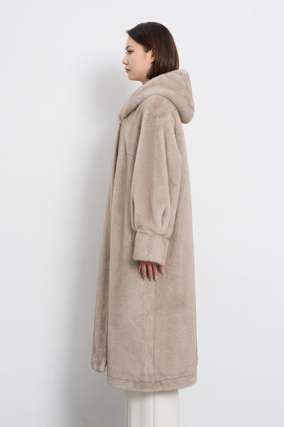 Women's Hooded Fur Long Coat Exclusive Design - Grey