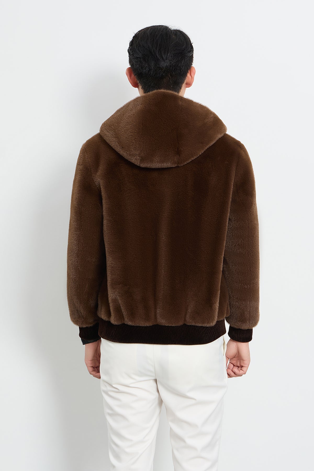 Men's Hooded Fur Jacket Exclusive Design - Brown