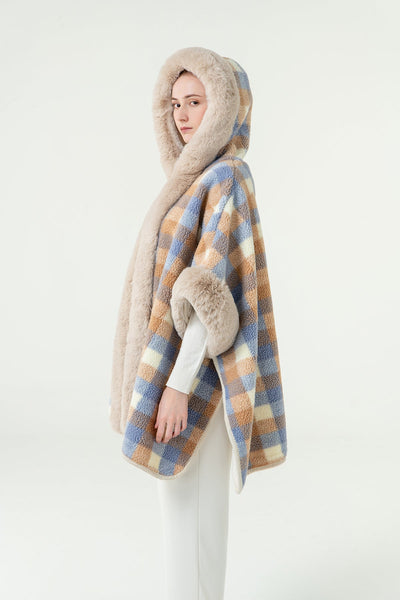 Women's Hooded Cape Exclusive Design - Blue/Camel