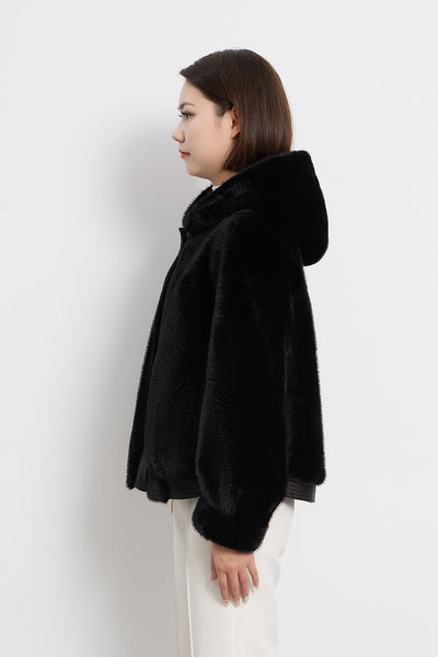 Women's Hooded Fur Jacket Exclusive Design - Black