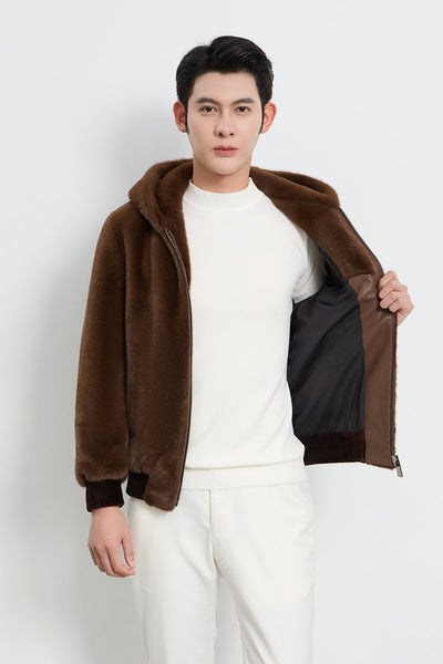 Men's Hooded Fur Jacket Exclusive Design - Brown