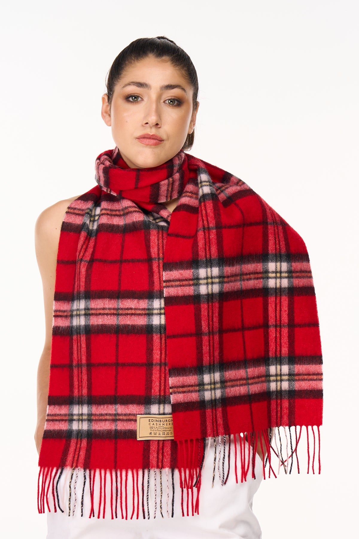 100% Pure Cashmere Scarf Scottish Thomson Red Check Design - Big Size