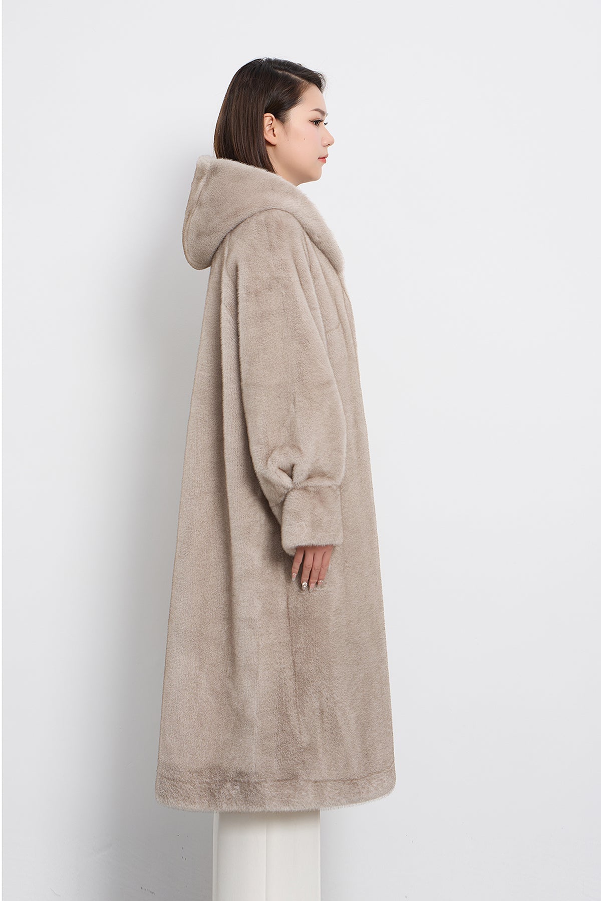 Women's Hooded Fur Long Coat Exclusive Design - Grey