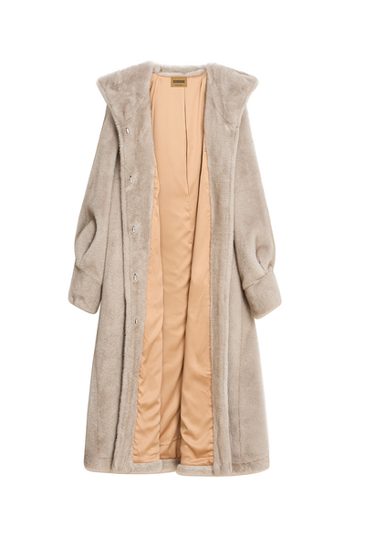 Women's Hooded Fur Long Coat Exclusive Design - Grey