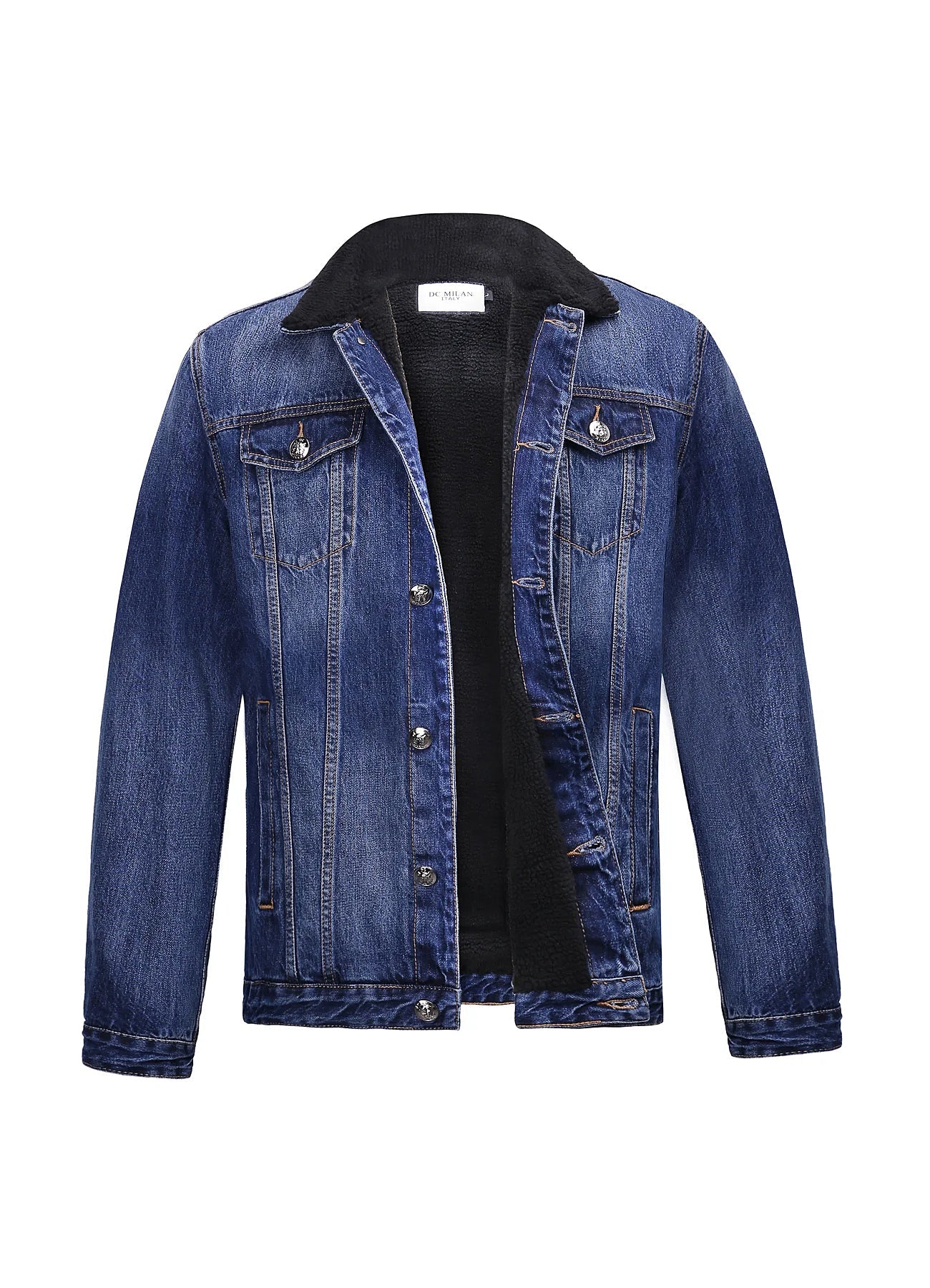 Embroidered Dark Blue Denim Jacket With Faux Fur