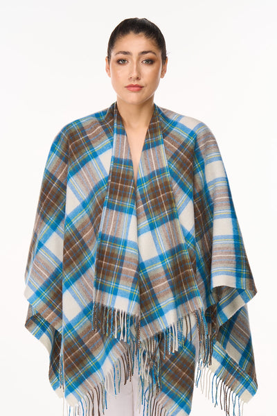 Cape Stewart Muted Blue Tartan Poncho 100% Pure Lambswool