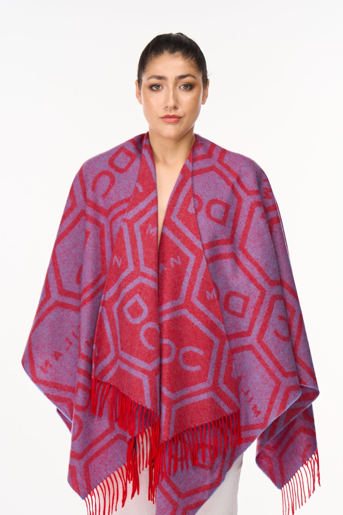 Cape DC Monogram Red Poncho 100% Pure Lambswool