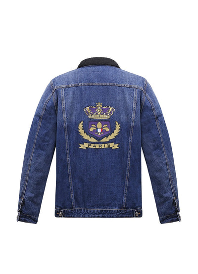 Embroidered Dark Blue Denim Jacket With Faux Fur