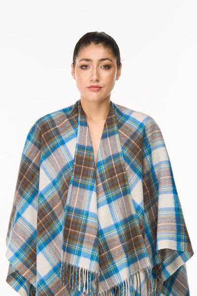 Cape Stewart Muted Blue Tartan Poncho 100% Pure Lambswool