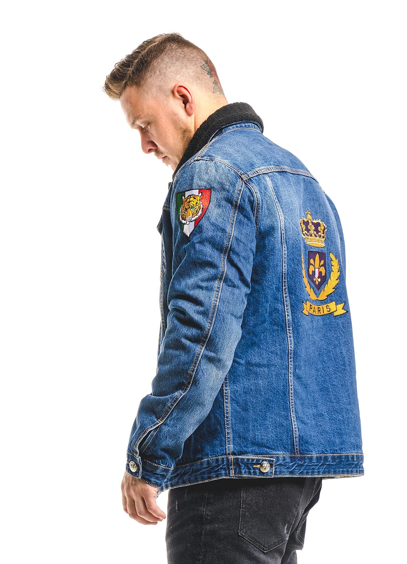 Embroidered Dark Blue Denim Jacket With Faux Fur