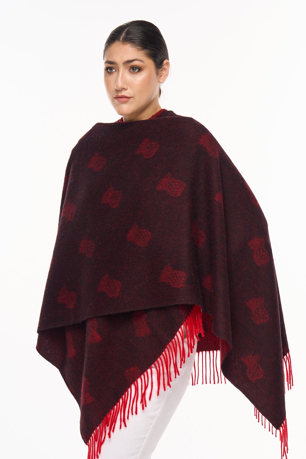 Cape Small Thistle Red Poncho 100% Pure Lambswool