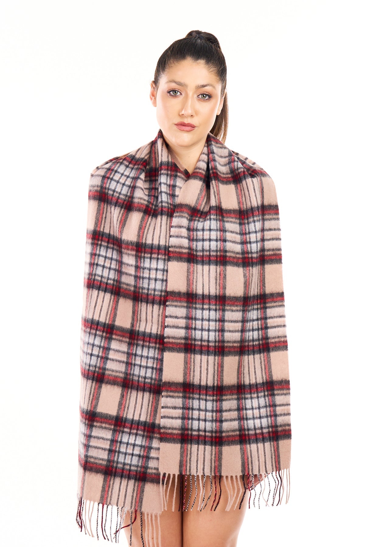 100% Pure Cashmere Scarf Stewart Camel Tartan - Small Size