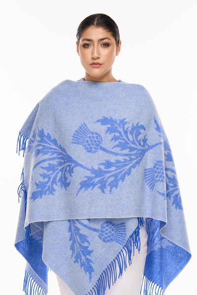 Cape Single Thistle Blue Poncho 100% Pure Lambswool