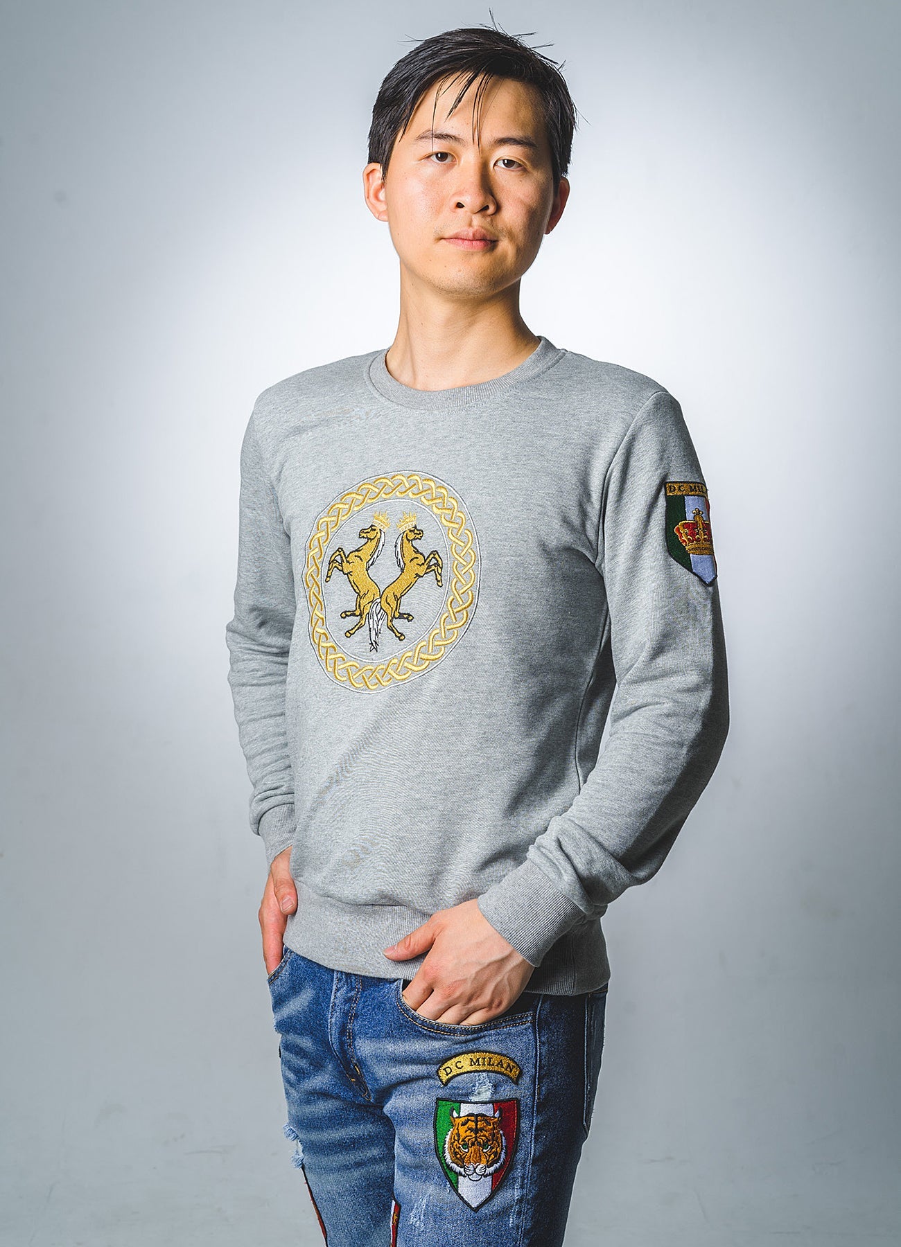 Embroidery Light Grey Cotton Sweatshirt With Big Logo