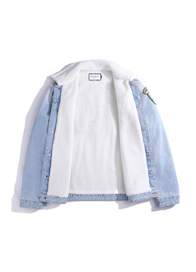 Embroidered Light Blue Denim Jacket With Faux Fur