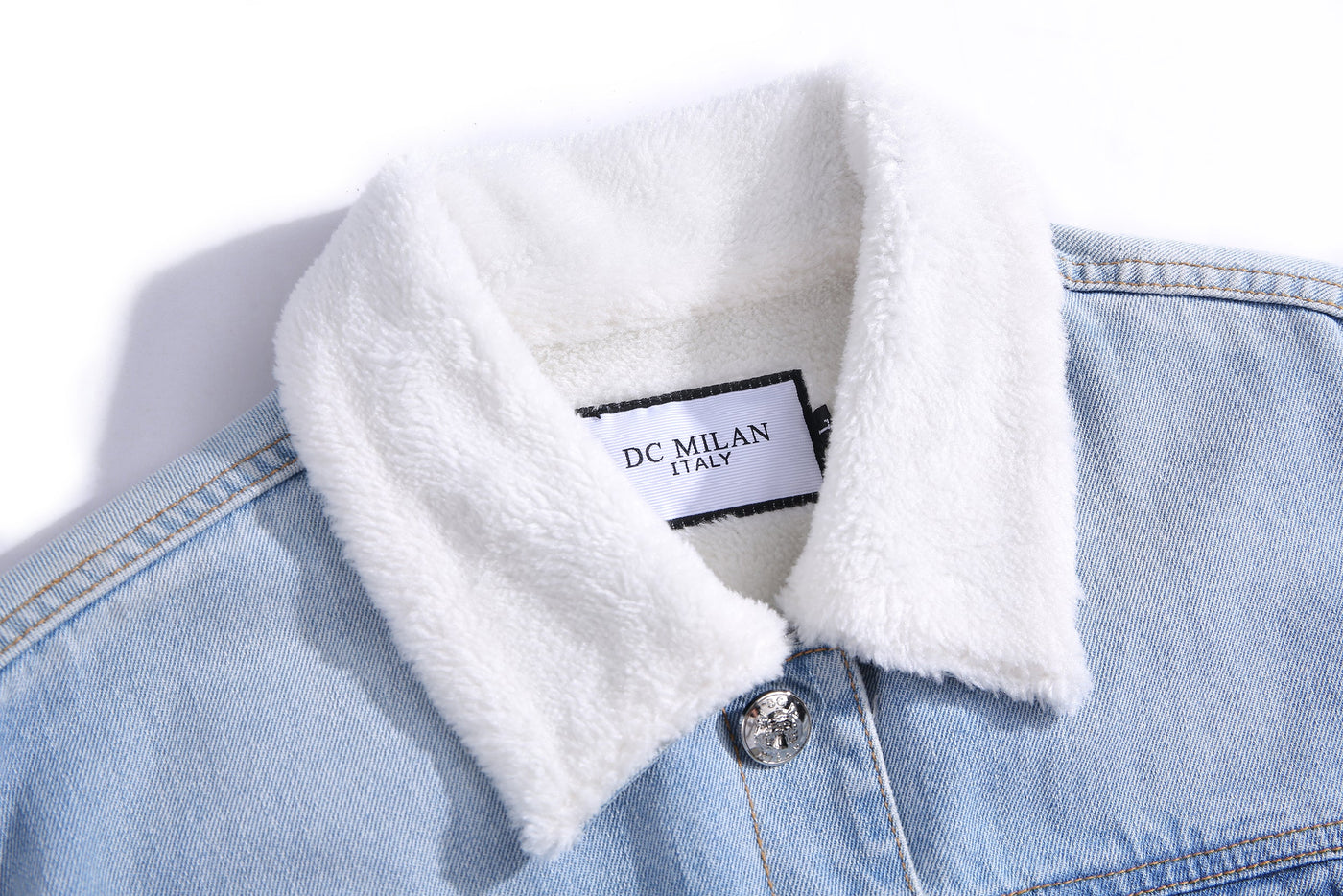 Embroidered Light Blue Denim Jacket With Faux Fur