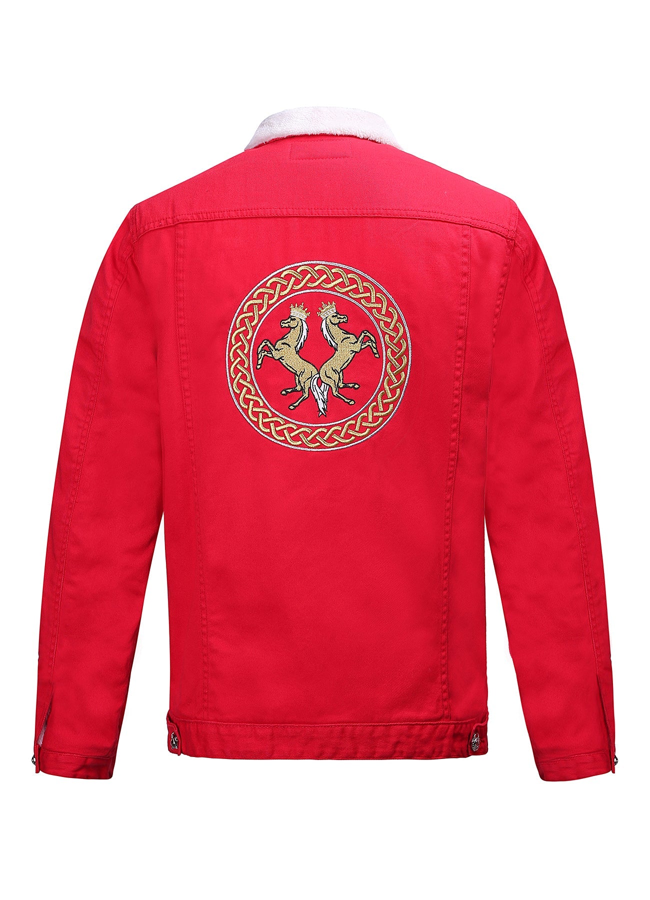 Embroidered Red Denim Jacket With Faux Fur