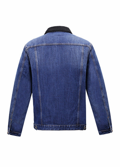 Embroidered Dark Blue Denim Jacket With Faux Fur