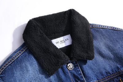 Embroidered Dark Blue Denim Jacket With Faux Fur