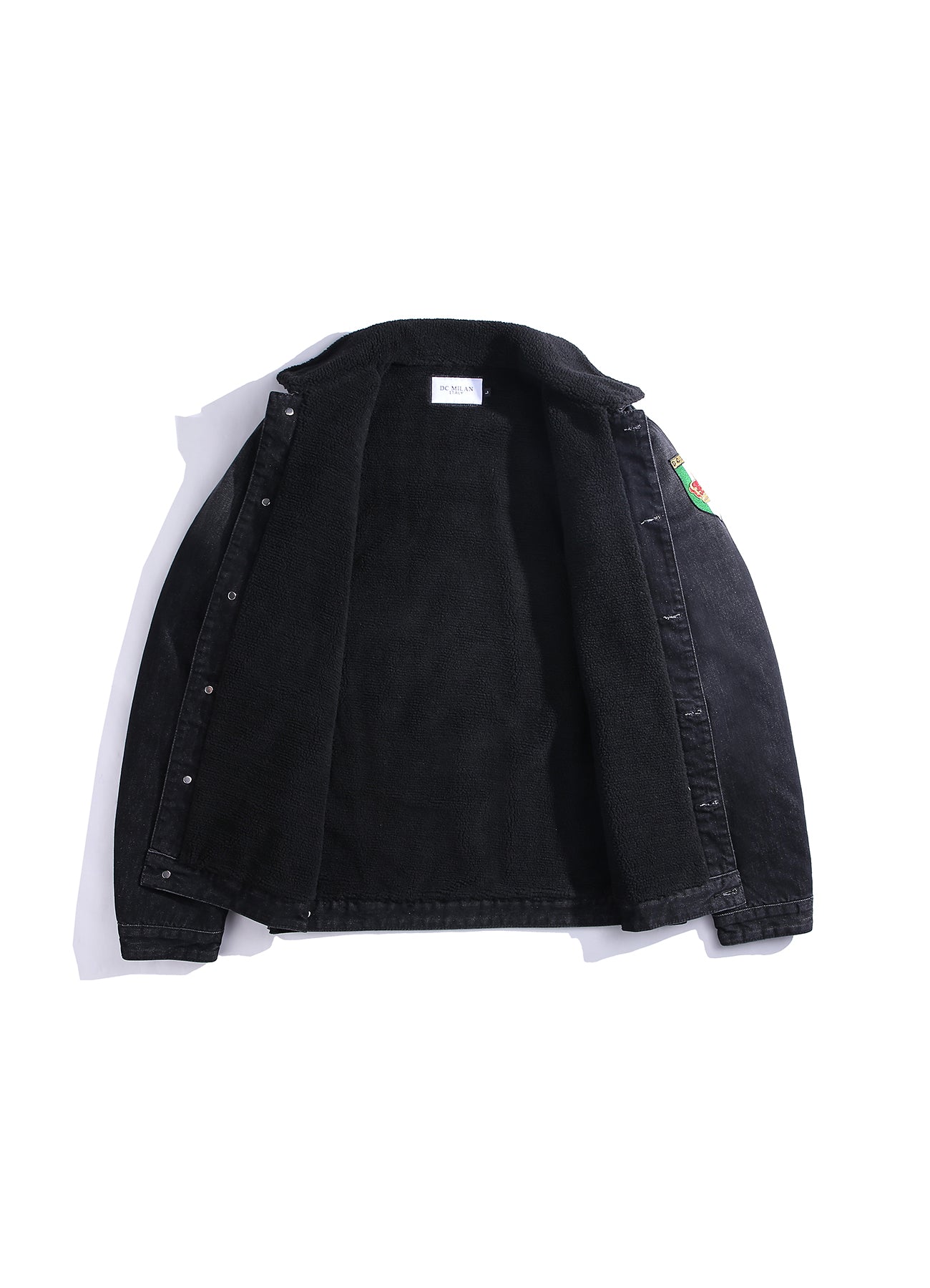 Embroidered Black Denim Jacket With Faux Fur