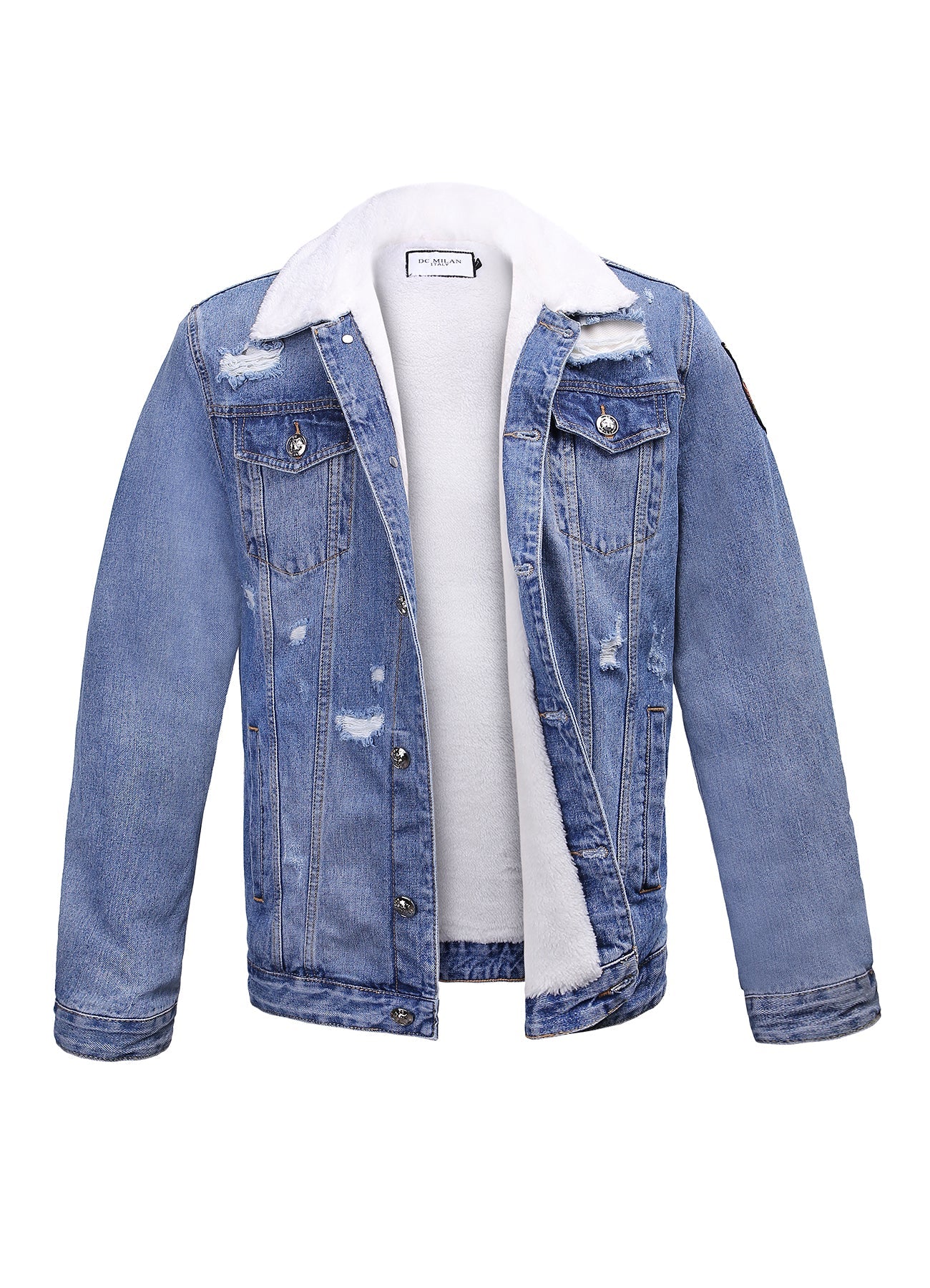 Embroidered Light Blue Denim Jacket With Faux Fur