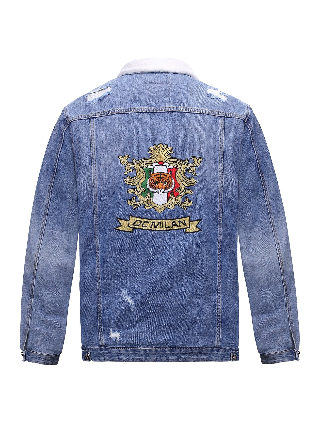 Embroidered Light Blue Denim Jacket With Faux Fur