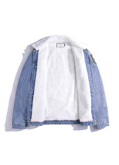 Embroidered Light Blue Denim Jacket With Faux Fur