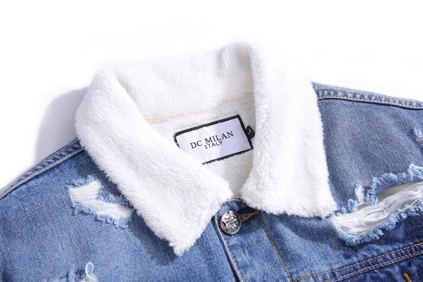 Embroidered Light Blue Denim Jacket With Faux Fur