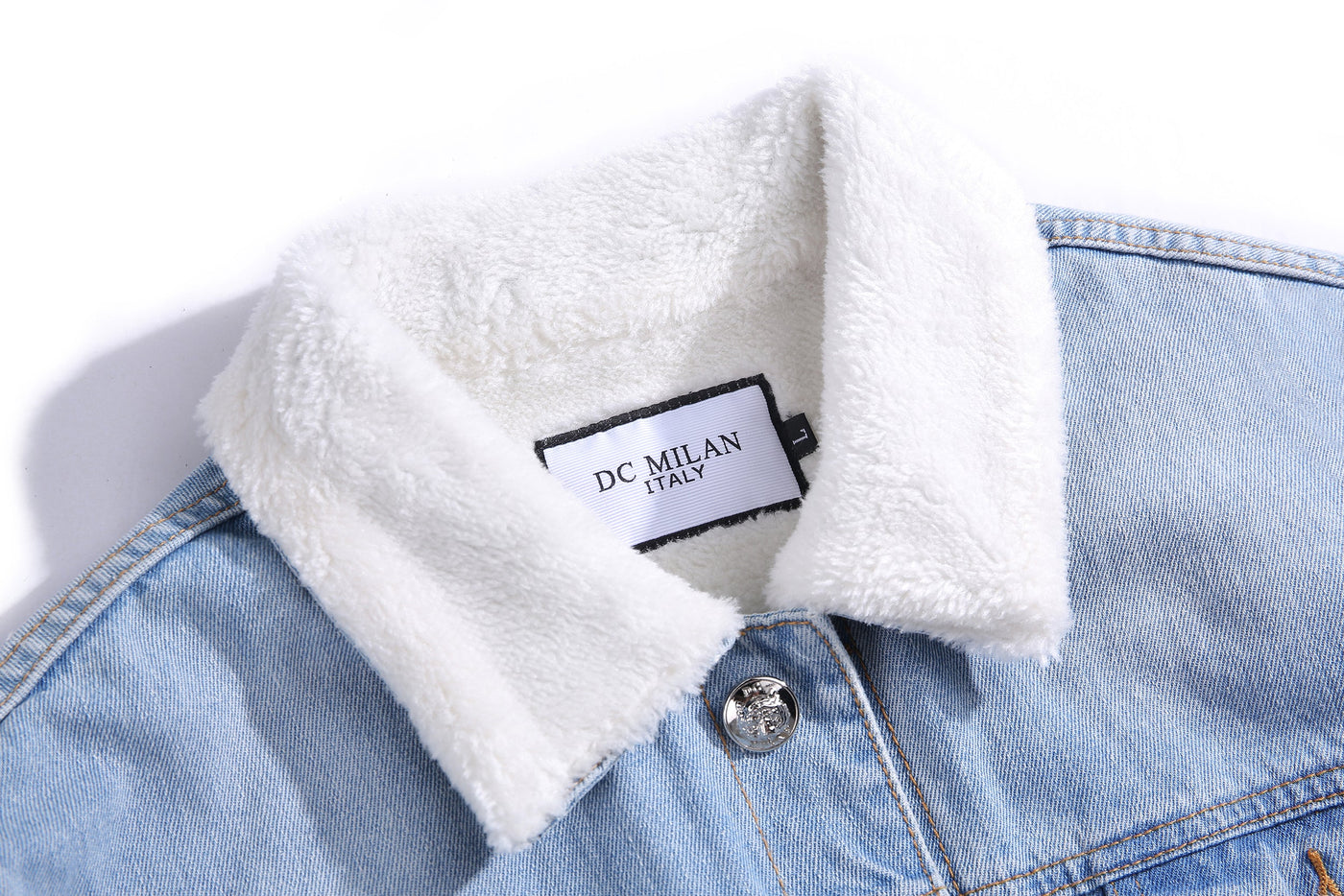 Embroidered Light Blue Denim Jacket With Faux Fur