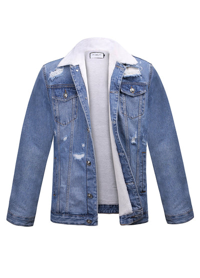 Embroidered Light Blue Denim Jacket With Faux Fur