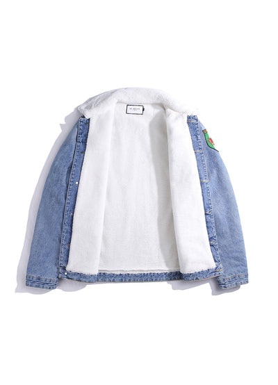 Embroidered Light Blue Denim Jacket With Faux Fur