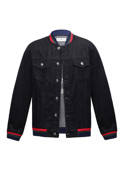 Embroidered Black Denim Jacket With Stripe