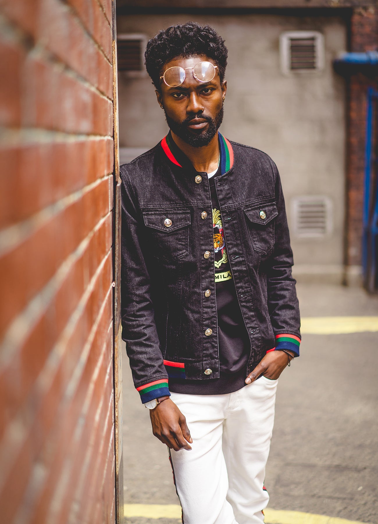 Embroidered Black Denim Jacket With Stripe