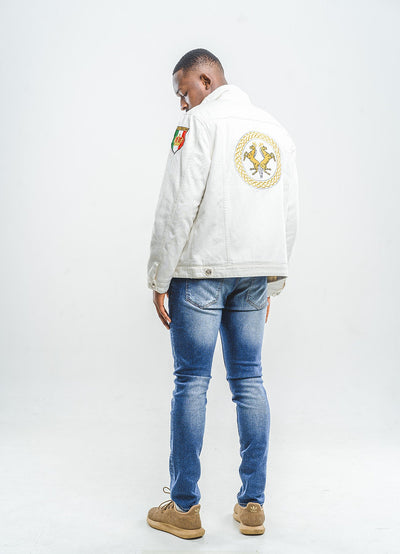 Embroidered White Denim Jacket With Faux Fur